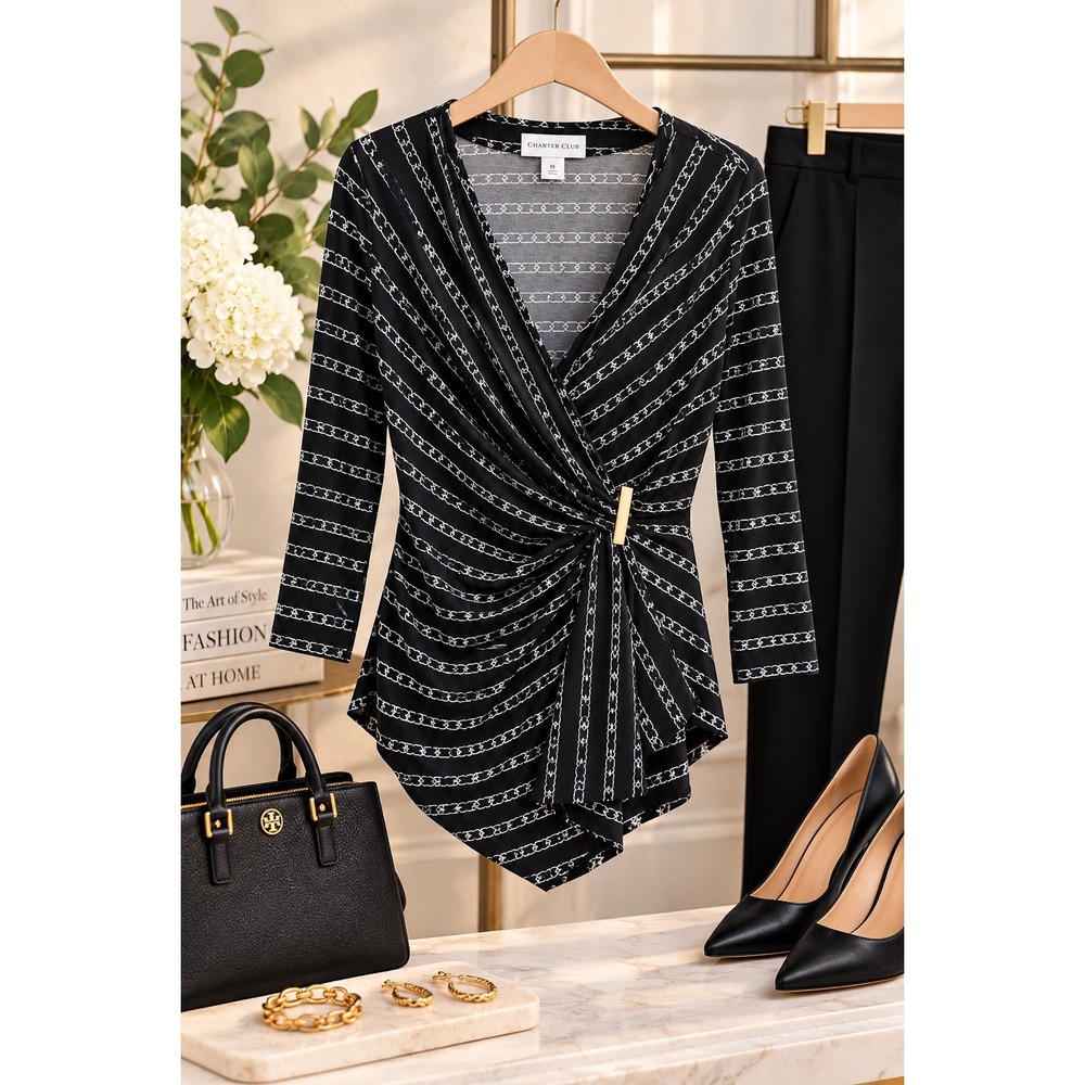 Charter Club Navy White Chain Print Wrap Top M Gold Hardware Draped Blouse